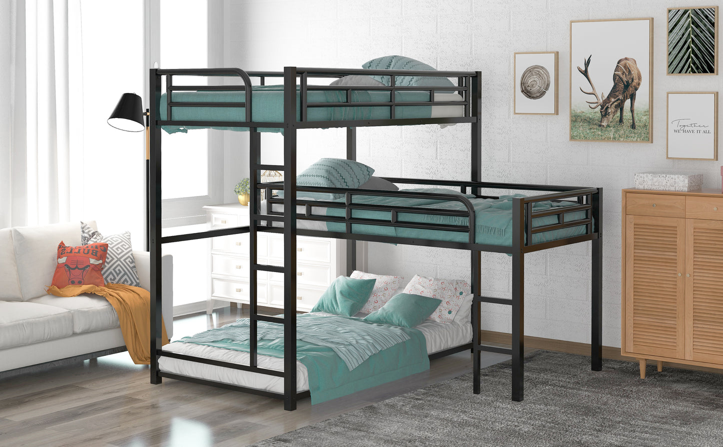 WM Store L-shaped Metal Triple Twin Size Bunk Bed, Black