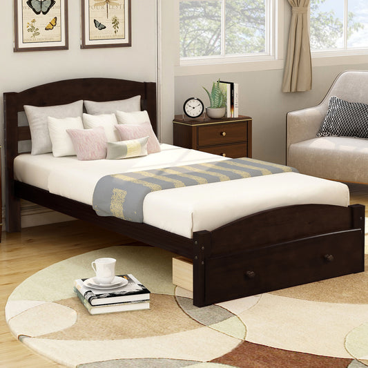 Homey Life Twin Platform Bed with Storage Drawer in Espresso