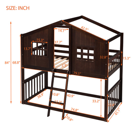 Homey Life Twin Over Twin House Bunk Bed With Ladder, Wood Bed-Espresso