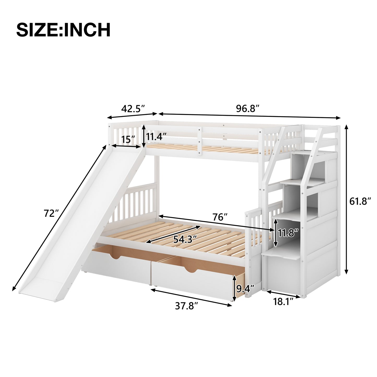 Twin over Full Bunk Bed with Drawers,Storage and Slide, Multifunction, White