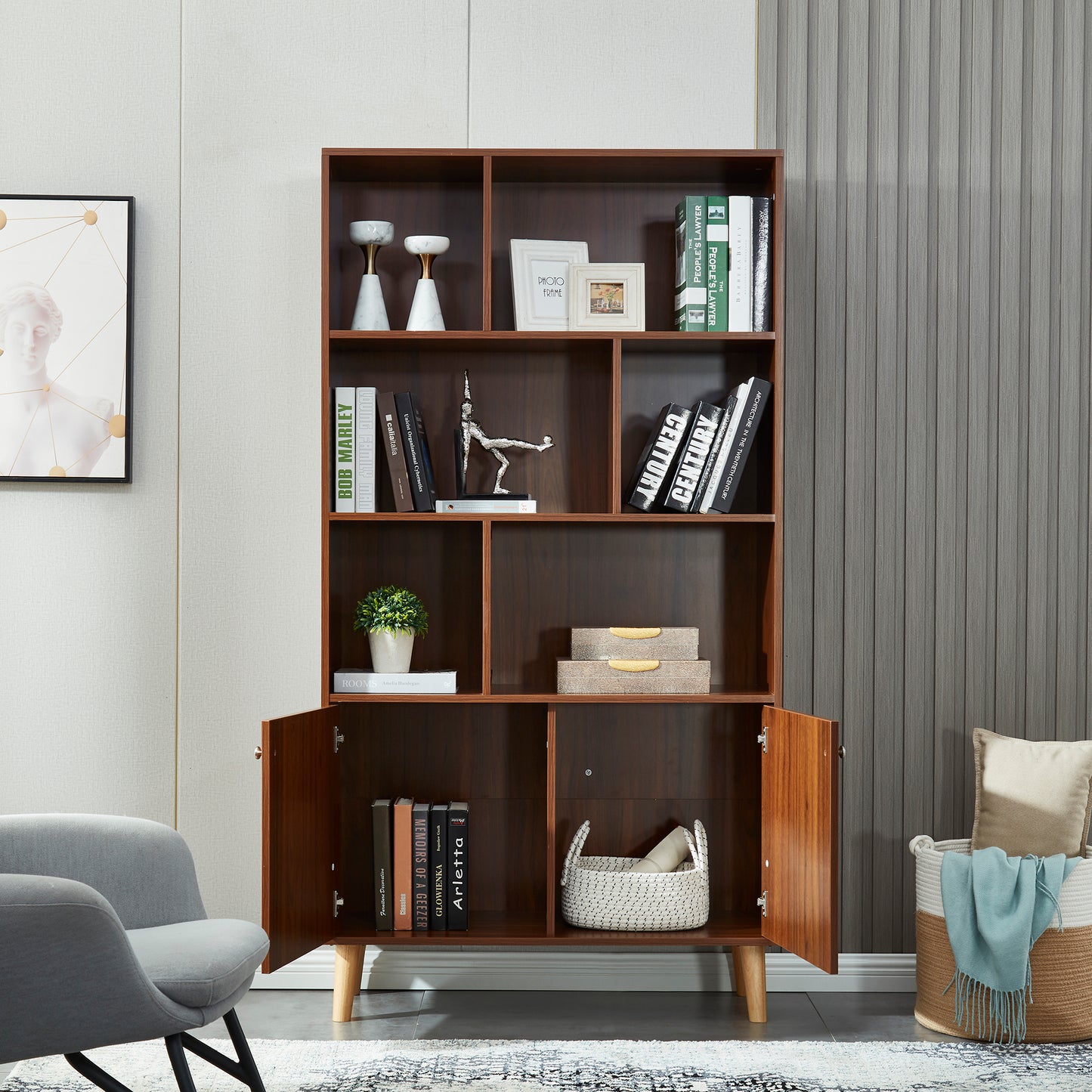 Mid-Century Modern Standing Bookshelf with Doors - Walnut