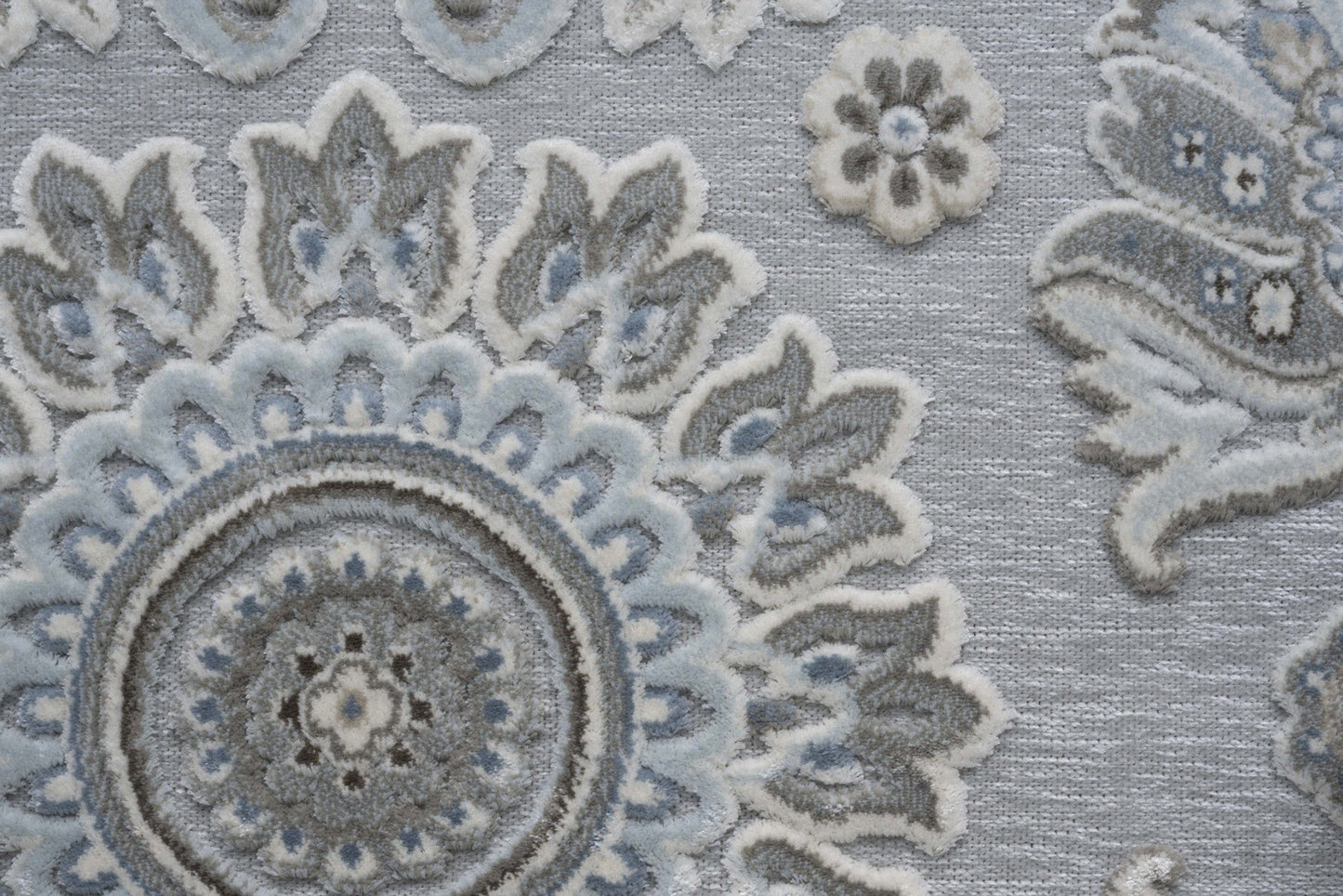 Lily Light Gray, Medium Gray, Blue and Ivory Chenille and Viscose High - Low Area Rug