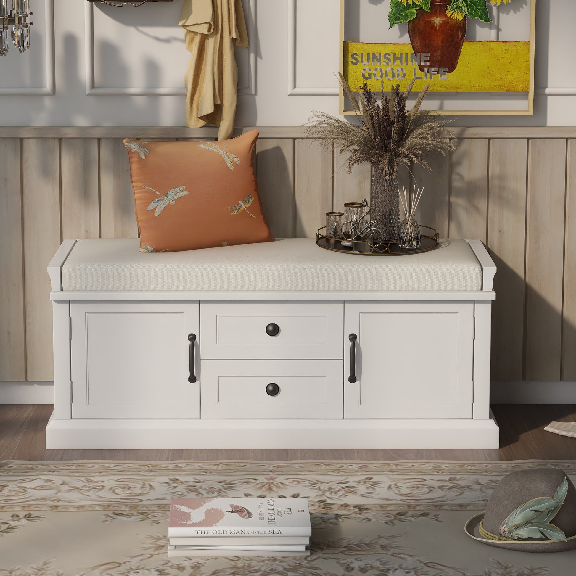 TREXM Storage Bench with 2 Drawers and 2 Cabinets - White