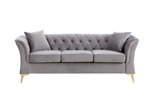 Modern Chesterfield Curved Sofa Tufted Velvet Couch 3 Seat Button Tufed Couch with Scroll Arms and Gold Metal Legs Grey