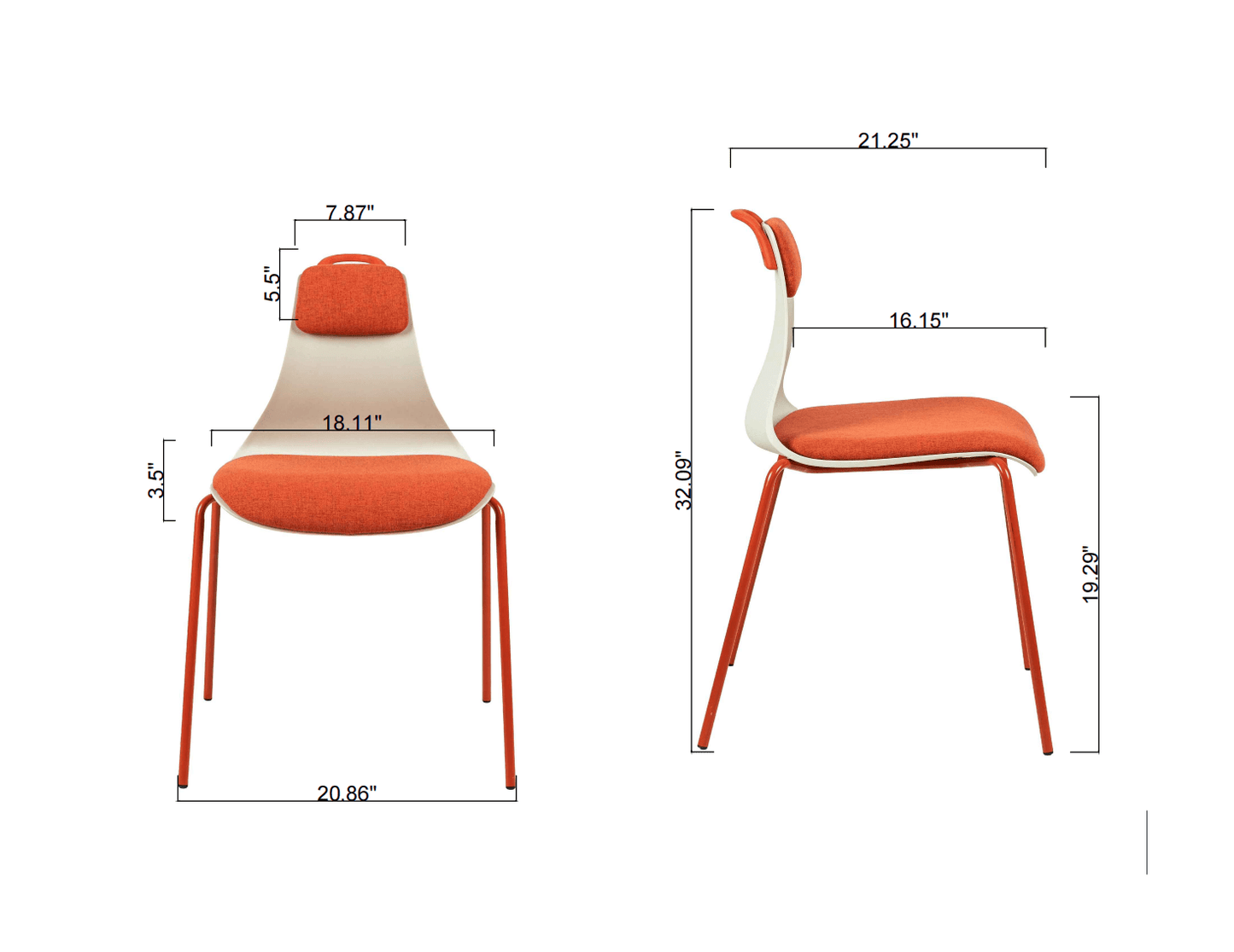 Modern Dining Chair with Padded Seat & Iron Legs - Orange Set of 2