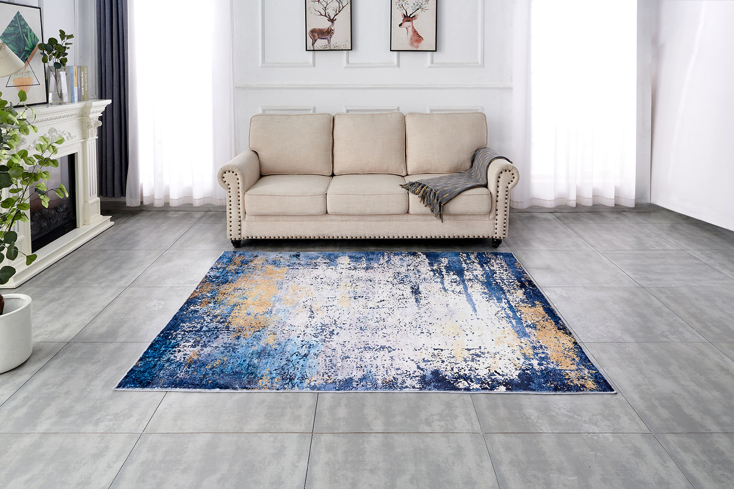 ZARA Collection Abstract Design Blue Grey Yellow Machine Washable Super Soft Area Rug