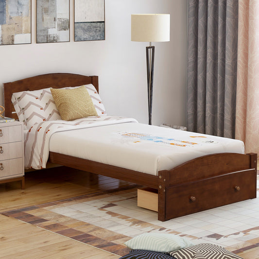 Homey Life Twin Platform Bed with Storage Drawer in Walnut