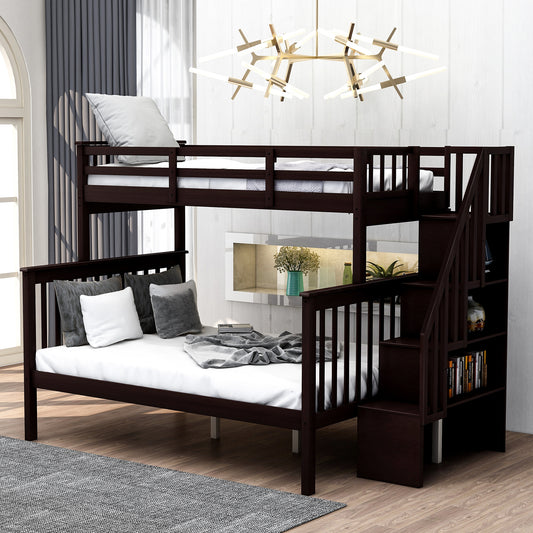 Homey Life Twin-Over-Full Bunk Bed with Storage in Espresso