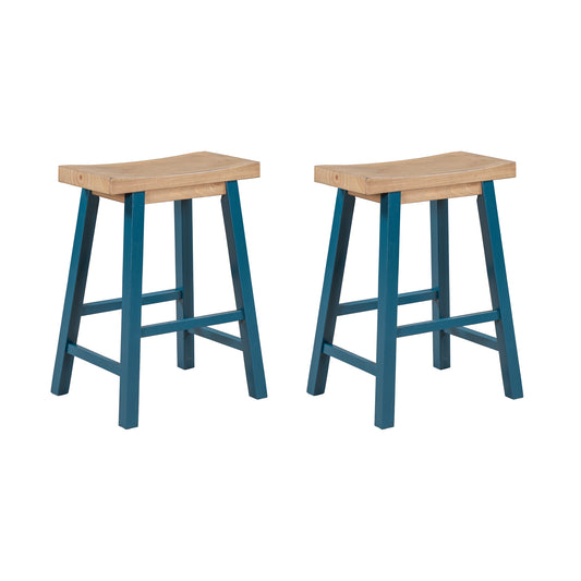 Farmhouse Style 2-piece Counter Height Wood Kitchen Dining Stools in Light Walnut & Blue