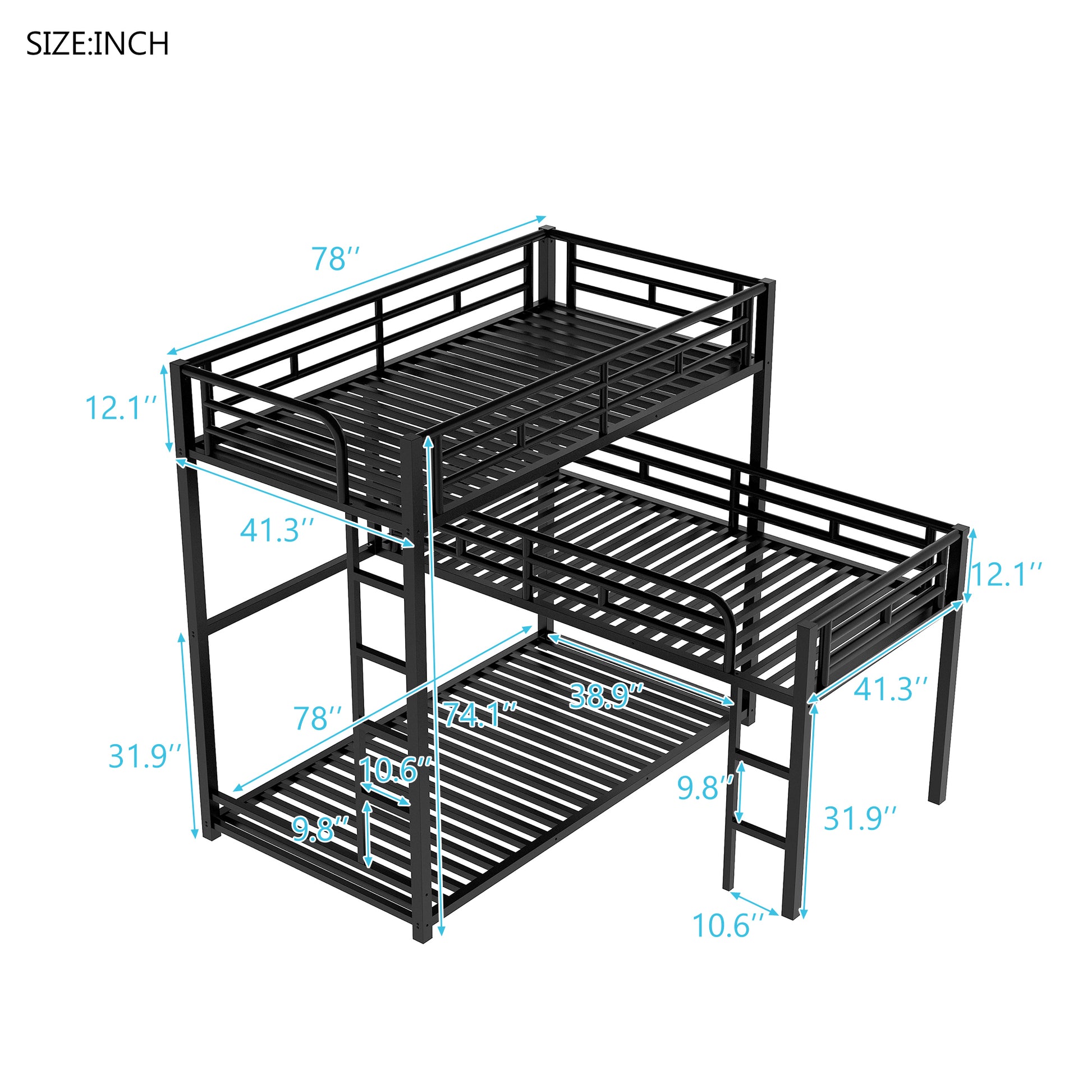 WM Store L-shaped Metal Triple Twin Size Bunk Bed, Black