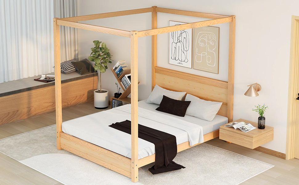 Queen Size Canopy Platform Bed with Headboard and Support Legs,Natural