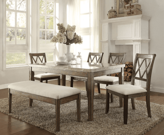 Claudia 6pc Marble Top Dining Set in Salvaged Brown