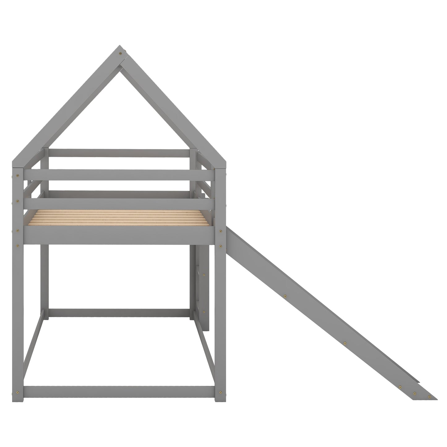 Twin Size Bunk House Bed with Slide and Ladder in Gray