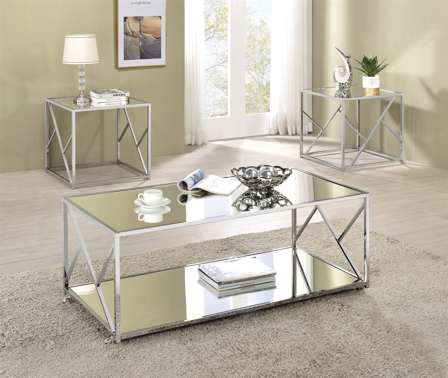 Mindi 3 Piece Accent Table Set in Chrome & Mirror Finish