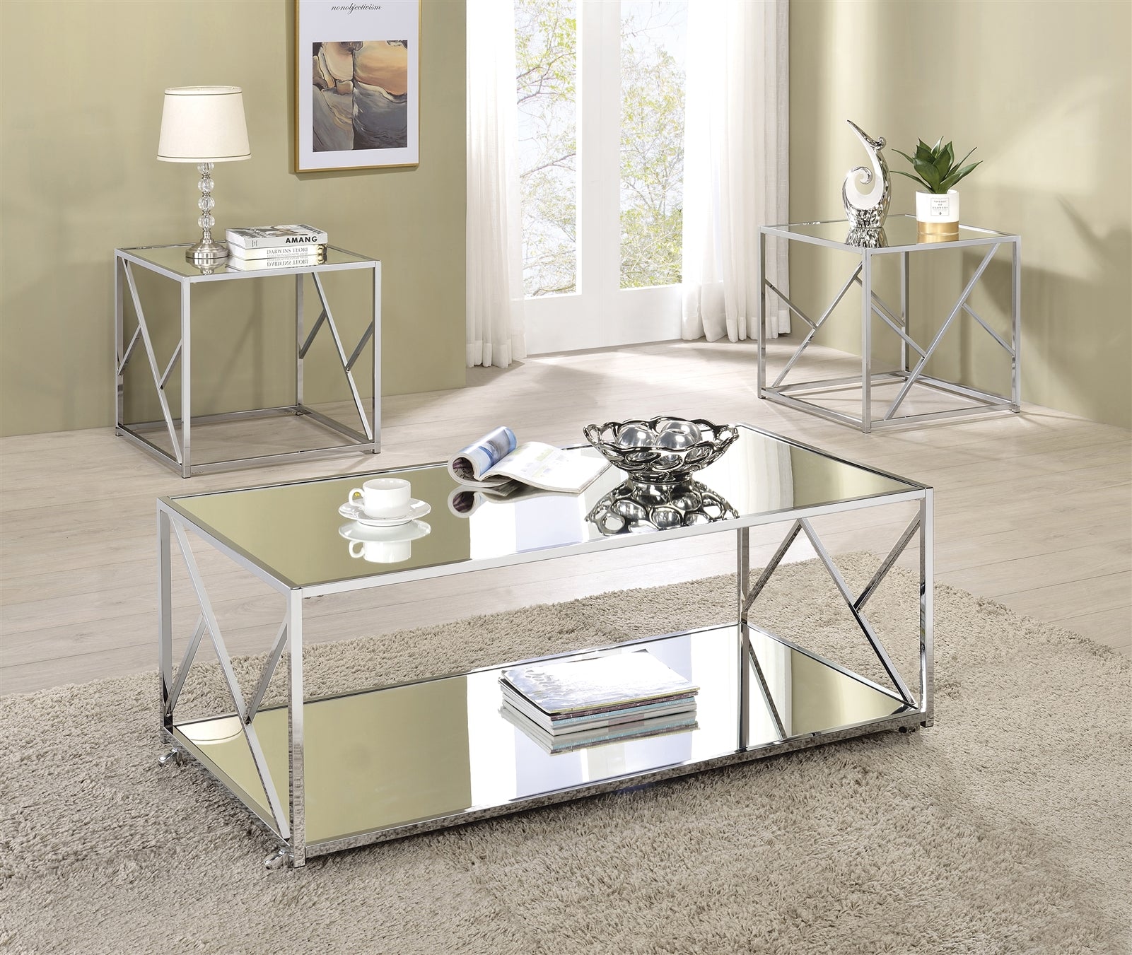 Mindi 3 Piece Accent Table Set in Chrome & Mirror Finish