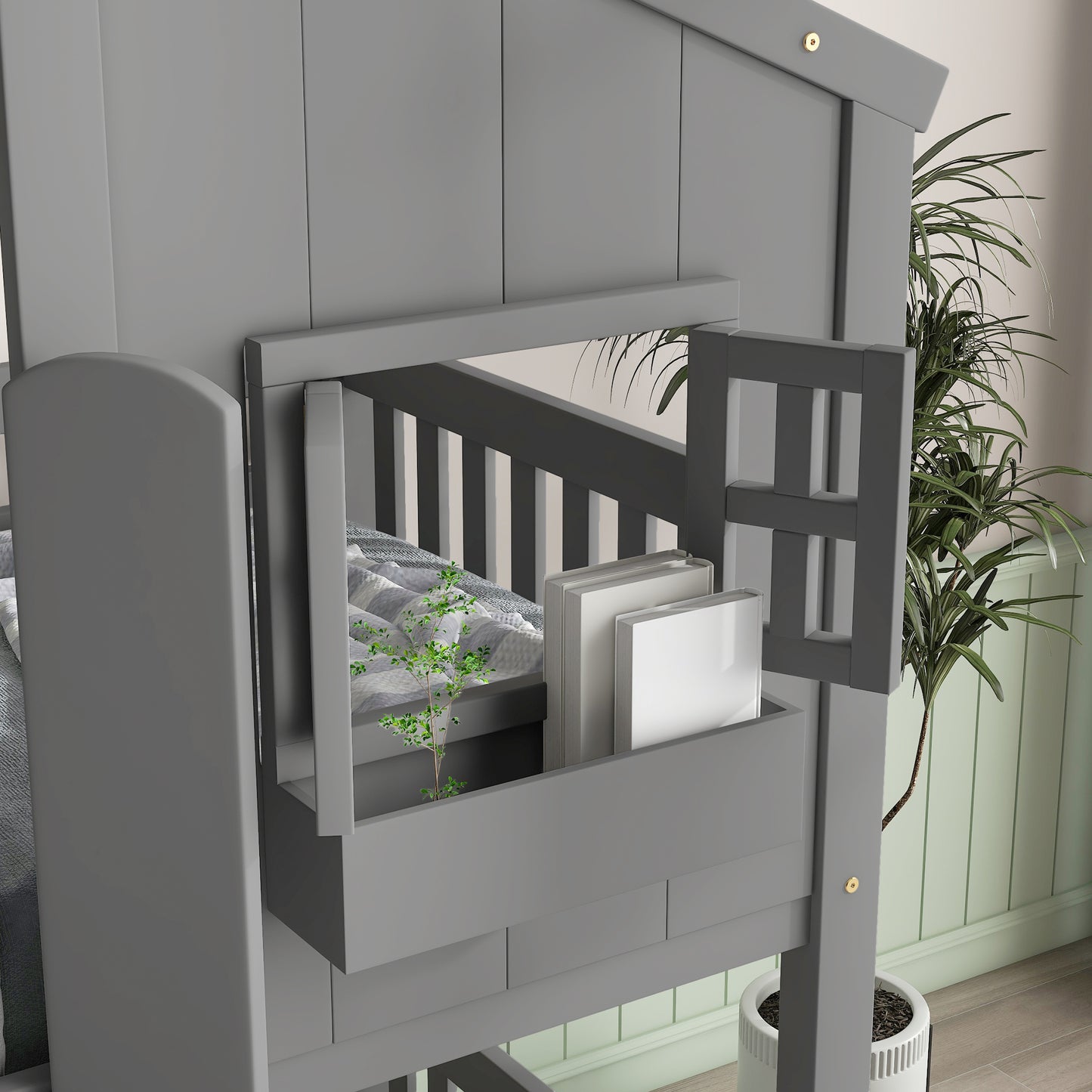 Inspirit Twin over Twin House Bunk Bed with Roof - Gray