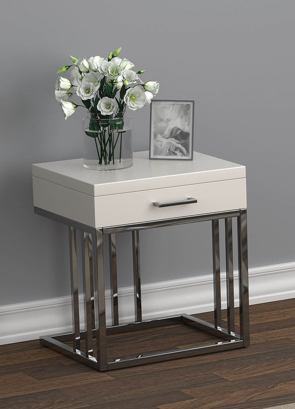 Tinsel 2-Drawer Glossy White End Table w- Casters