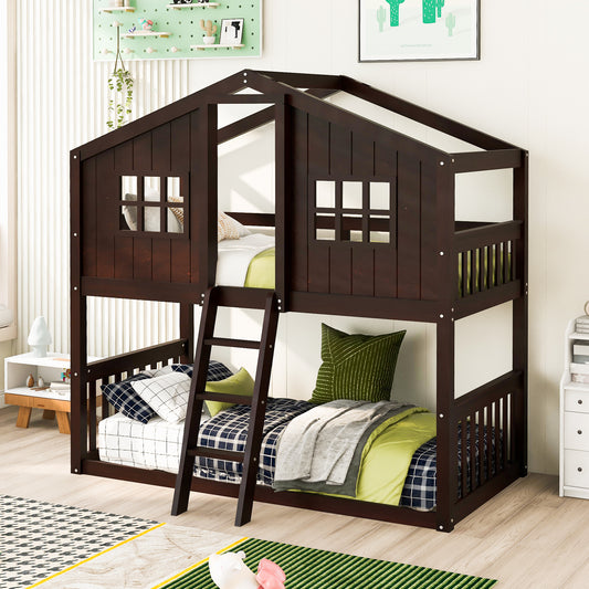 Homey Life Twin Over Twin House Bunk Bed With Ladder, Wood Bed-Espresso