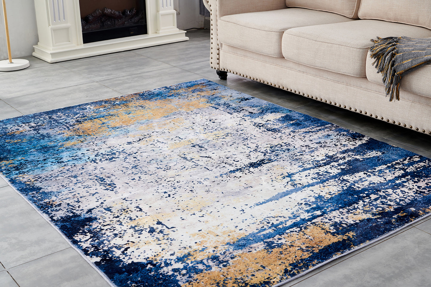 ZARA Collection Abstract Design Blue Grey Yellow Machine Washable Super Soft Area Rug