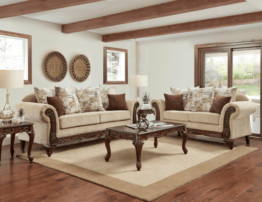 Page Traditional Rolled Arm Sofa & Loveseat Set in Beige Chenille