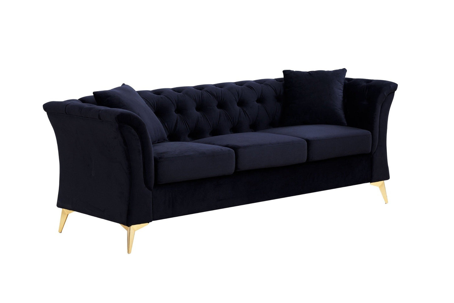 Modern Chesterfield Curved Sofa Tufted Velvet Couch 3 Seat Button Tufed Couch with Scroll Arms and Gold Metal Legs Black
