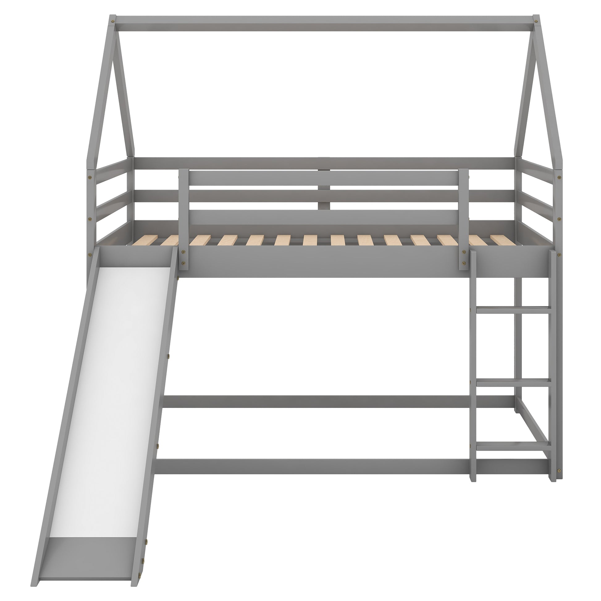 WM Store Twin Size Bunk House Bed with Slide and Ladder in Gray