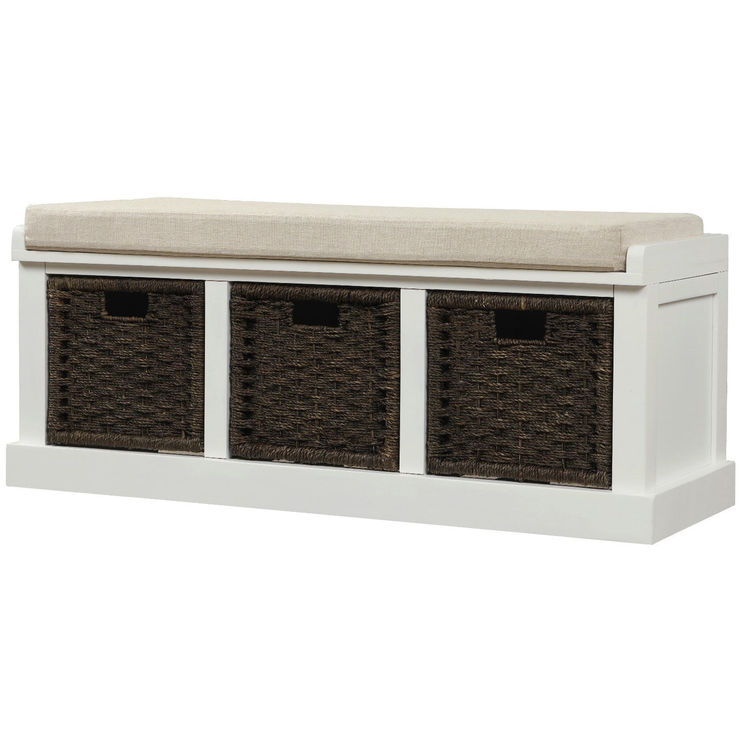 TREXM Rustic Storage Bench with 3 Removable Classic Rattan Baskets - White