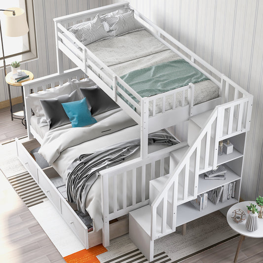 Homey Life Stairway Twin-Over-Full Bunk Bed with Drawer - White