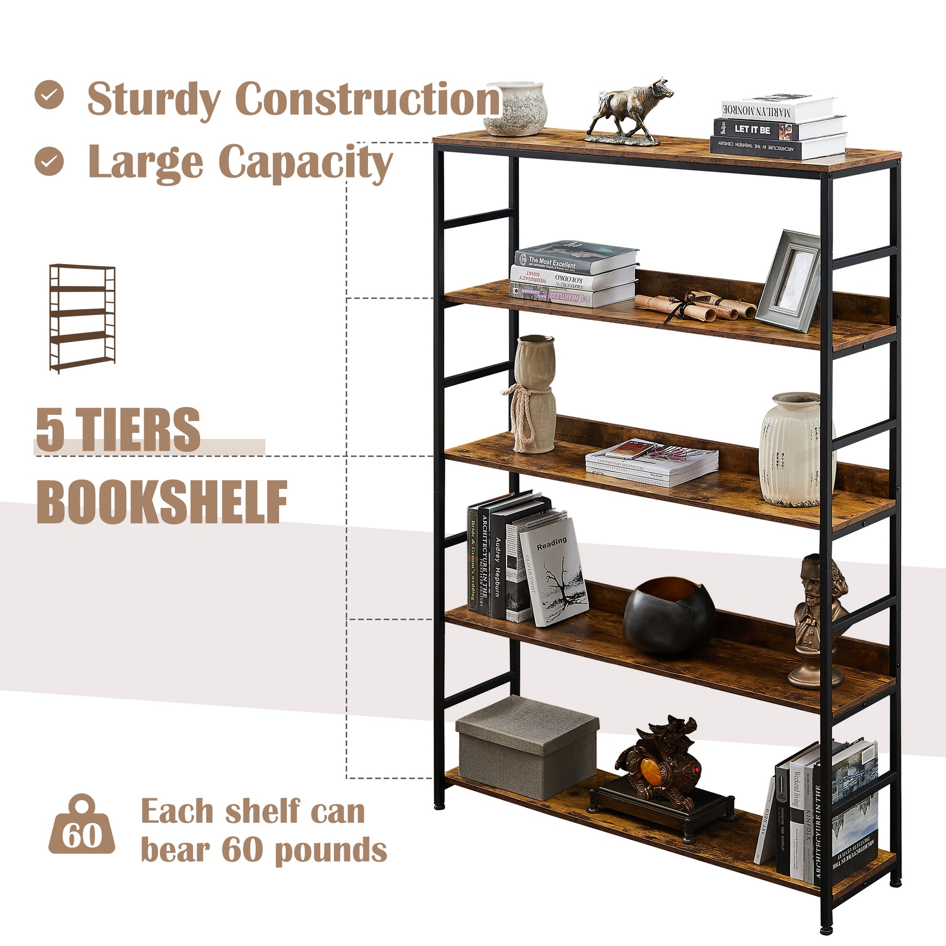 Large 5 Shelf Bookshelf with Metal Frame