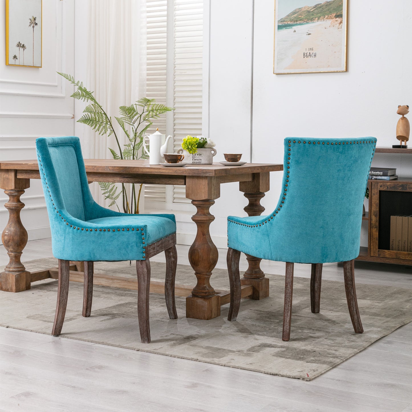 A&A Furniture Dining Chairs with Thickened Padded Seats & Weathered Legs Set of 2 - Blue