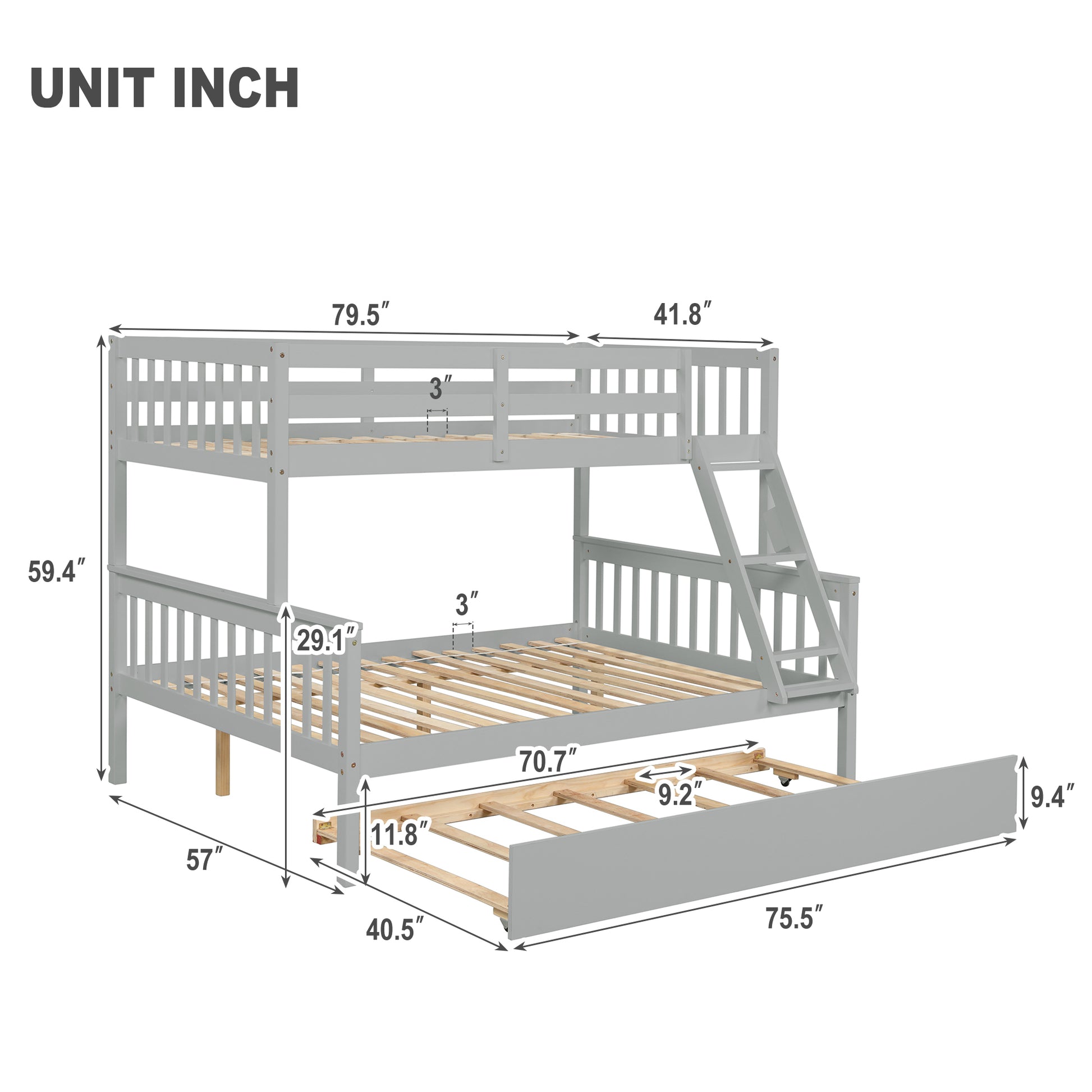 Inspirit Twin over Full Bunk Bed with Trundle - Gray