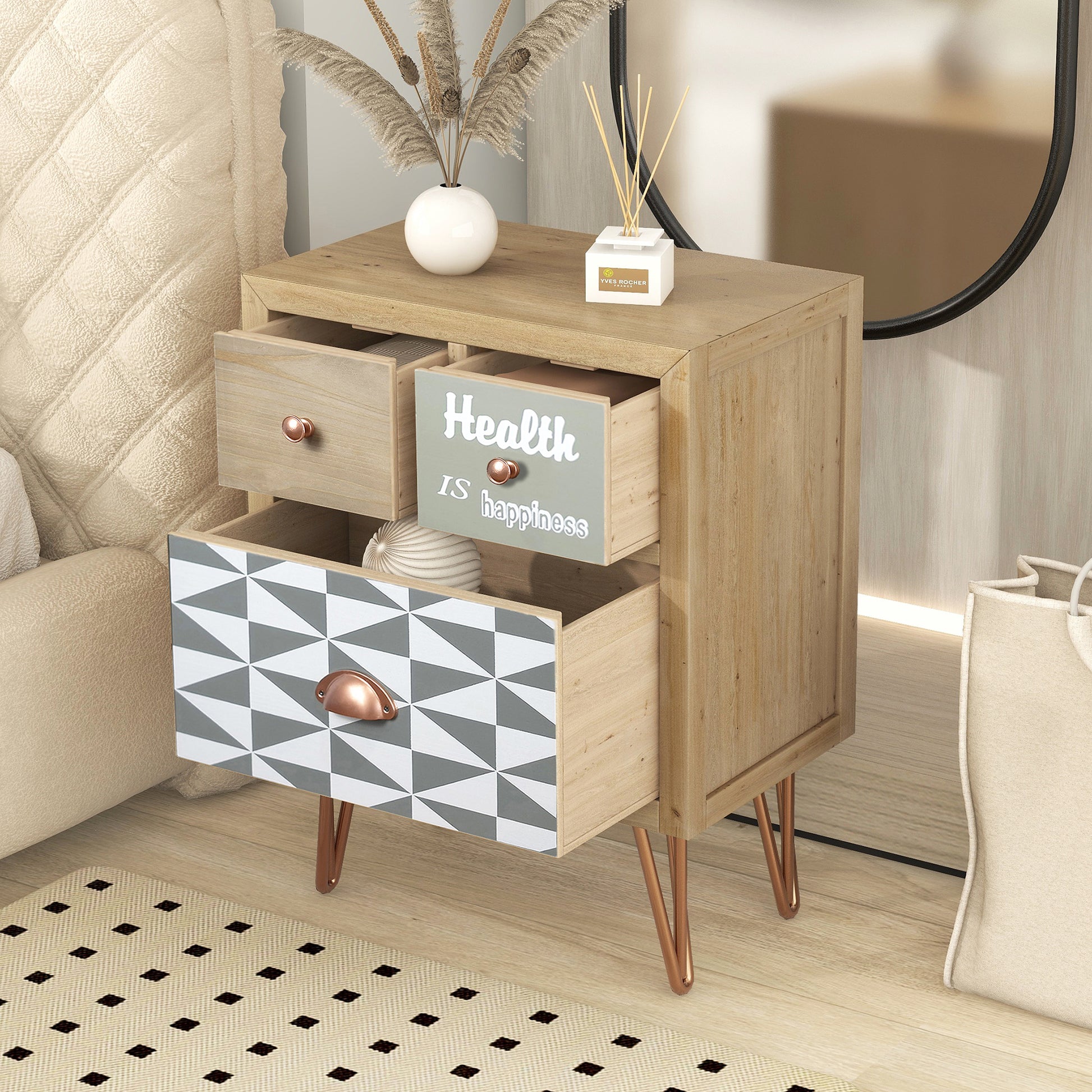 Wooden Nightstand with Three Drawers and Metal Feet - Natural
