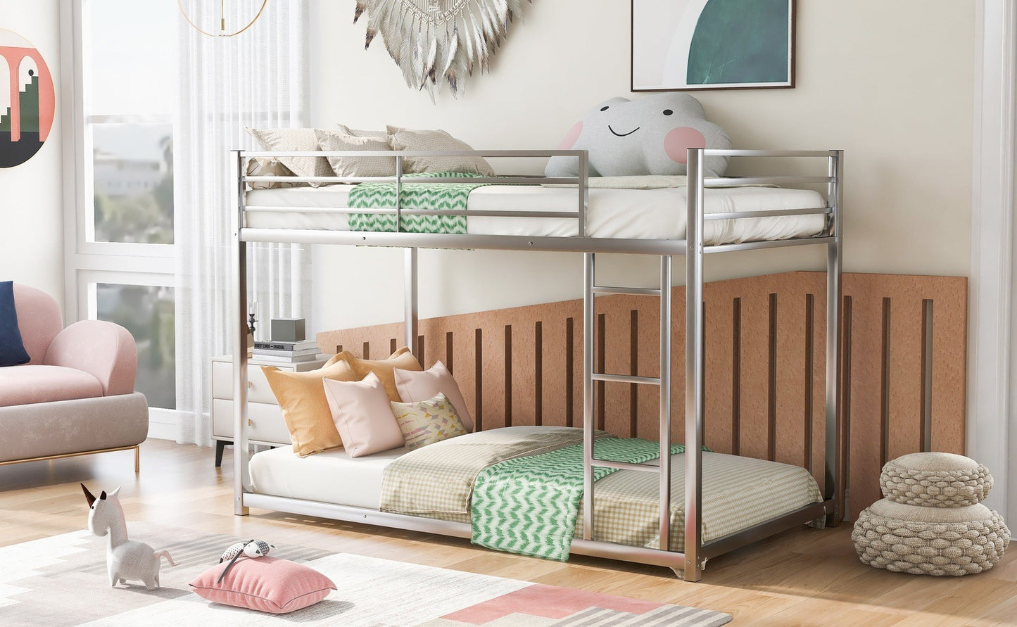 Twin over Twin Metal Bunk Bed, Low Bunk Bed with Ladder,Silver