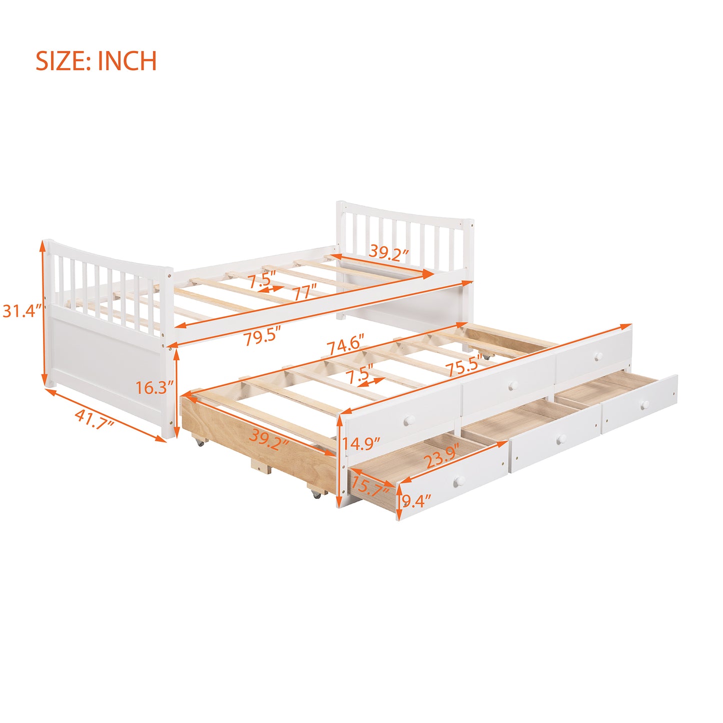 Homey Life Twin Daybed with Trundle & Storage - White