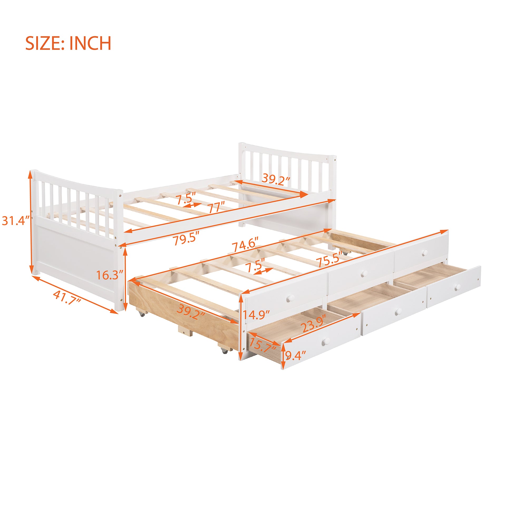 Homey Life Twin Daybed with Trundle & Storage - White
