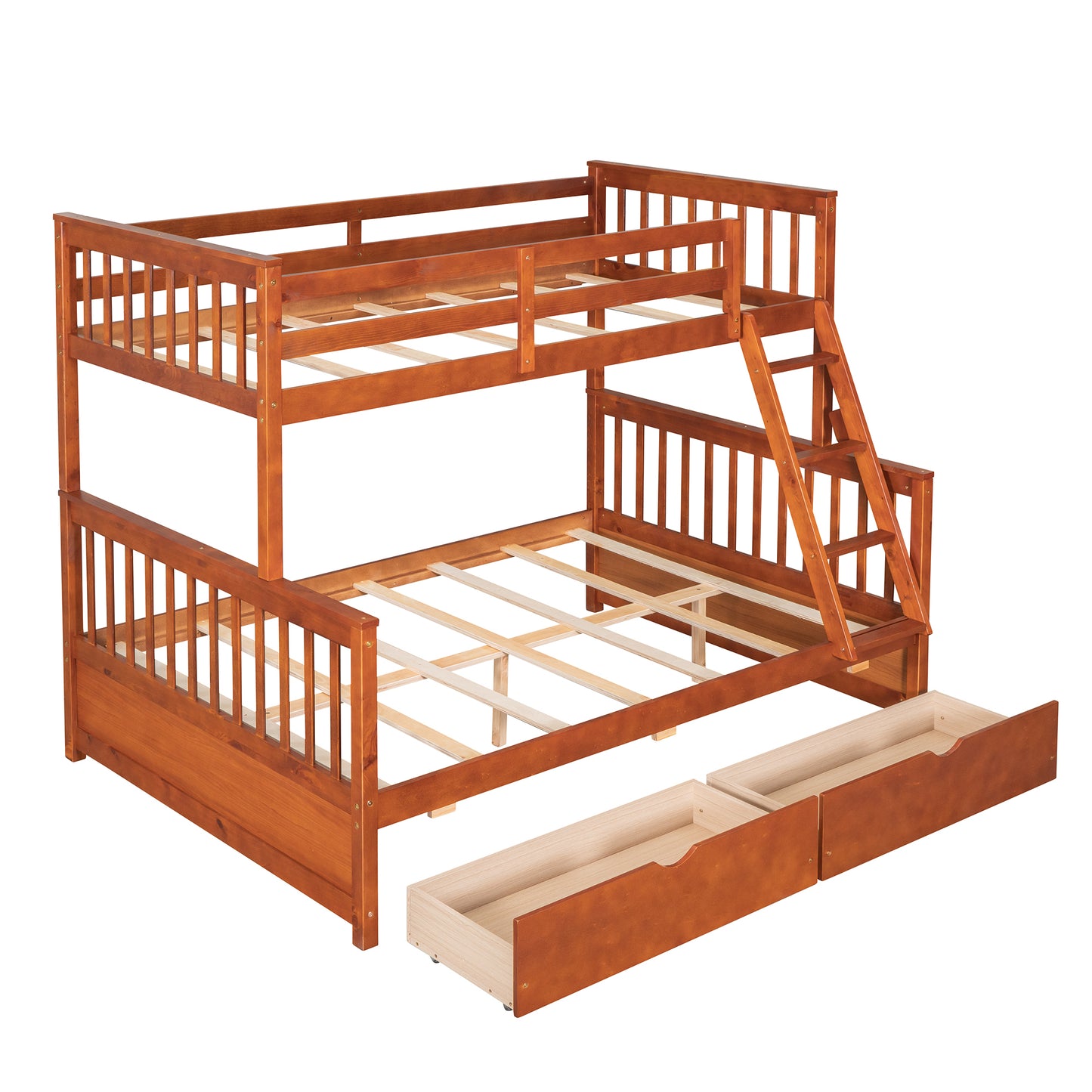 Twin-Over-Full Bunk Bed with Ladders and Two Storage Drawers Walnut