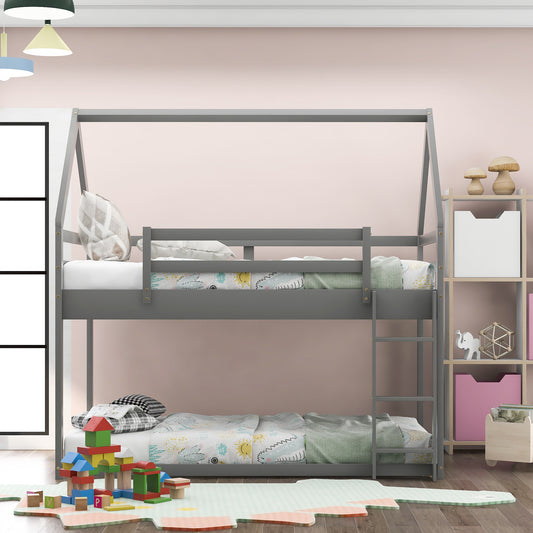 WM Store Twin over Twin Low Bunk Bed, House Bed with Ladder , Gray