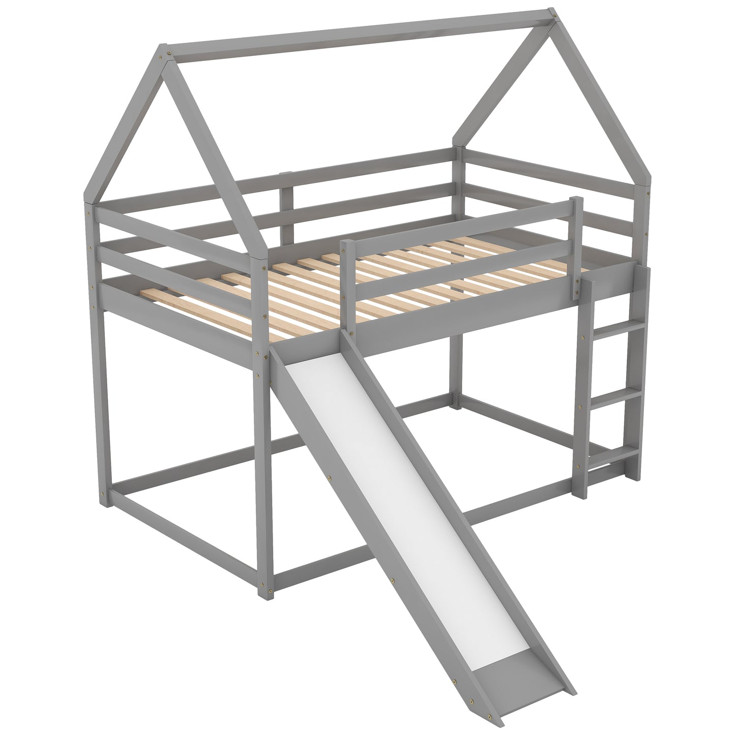 WM Store Twin Size Bunk House Bed with Slide and Ladder in Gray