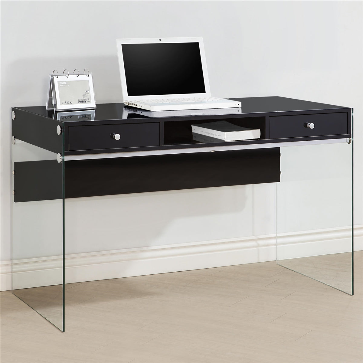 Crush Glossy Black Computer Desk with Glass Sides