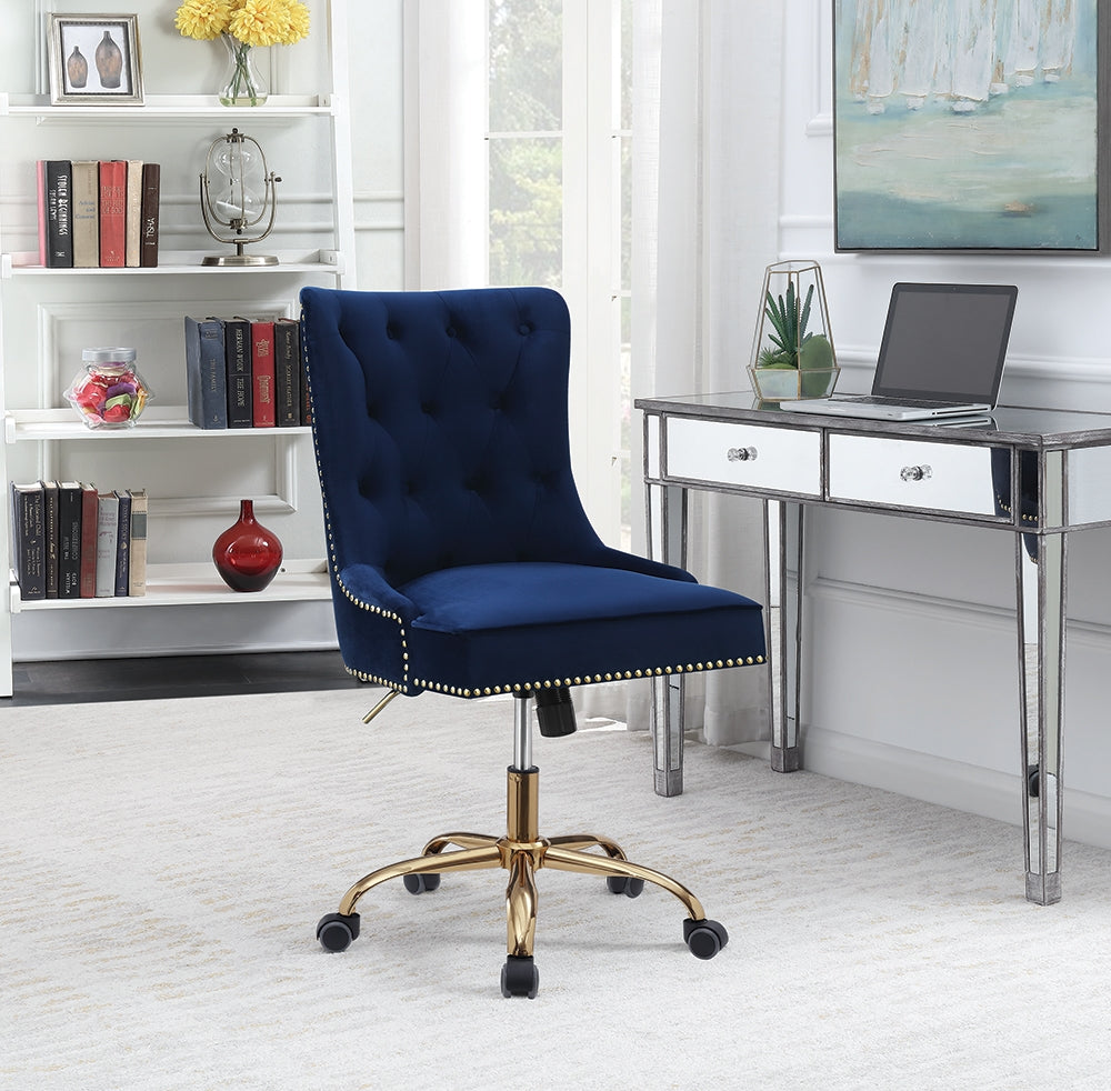 Targa Blue Velvet Office Chair with Brass Accent Trim