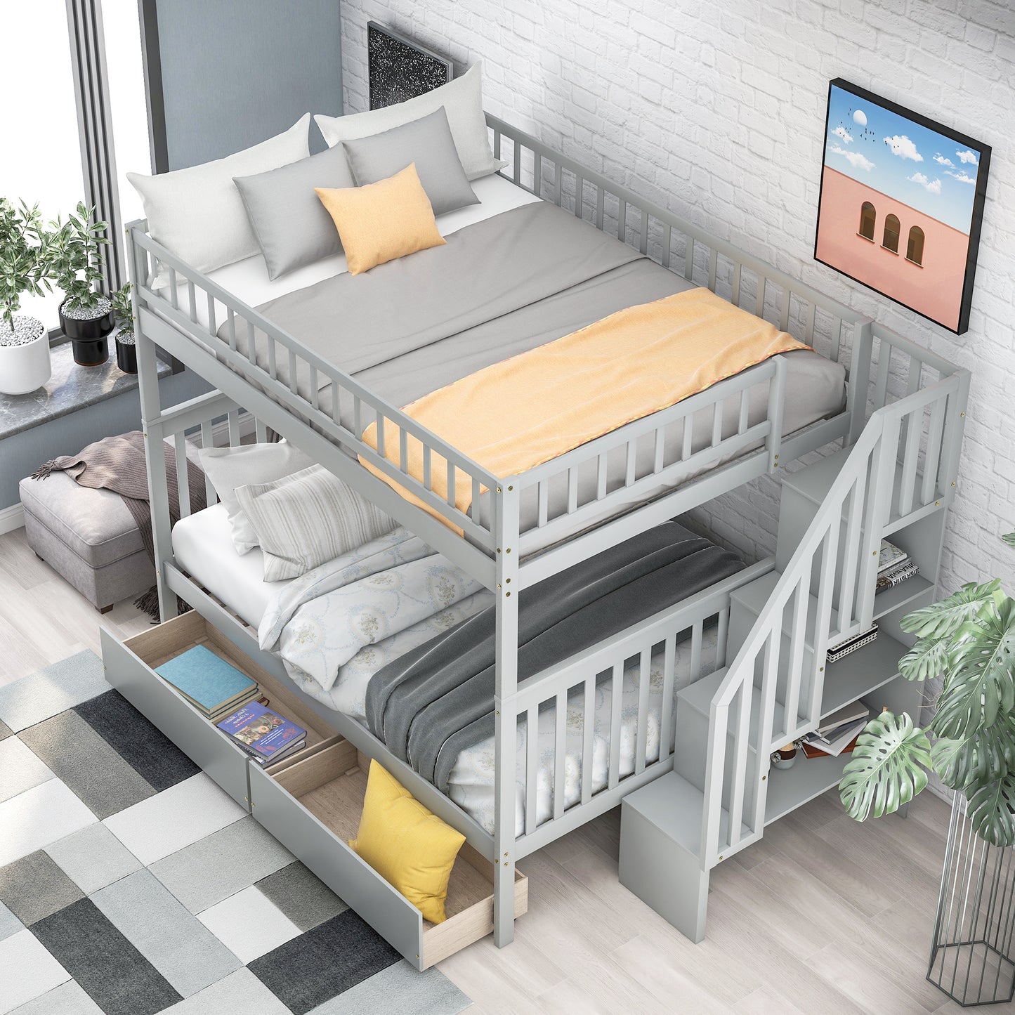 Full over Full Bunk Bed with Two Drawers and Storage, Gray