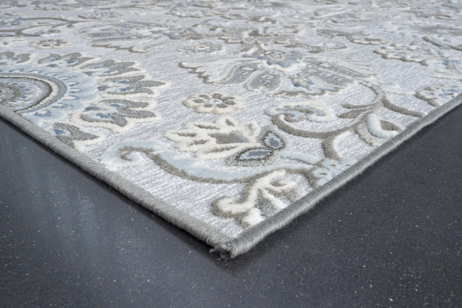 Lily Light Gray, Medium Gray, Blue and Ivory Chenille and Viscose High - Low Area Rug
