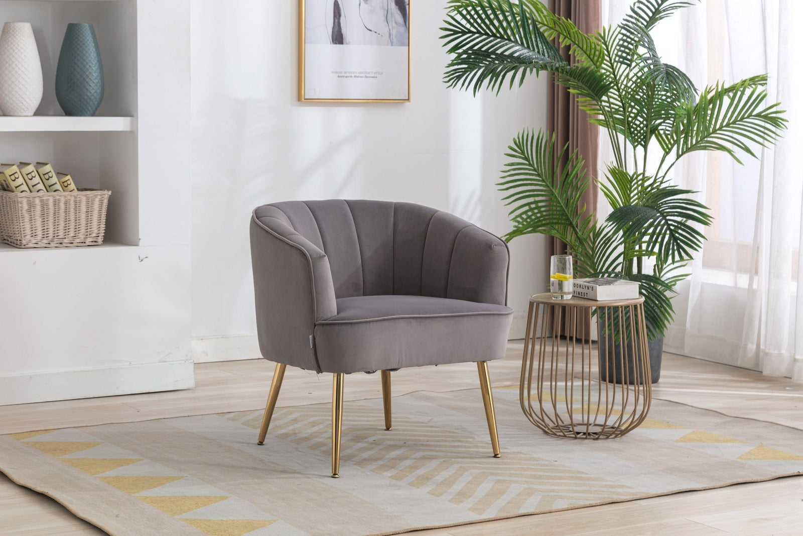 Modern Gray Velvet Accent Chair with Gold Feet