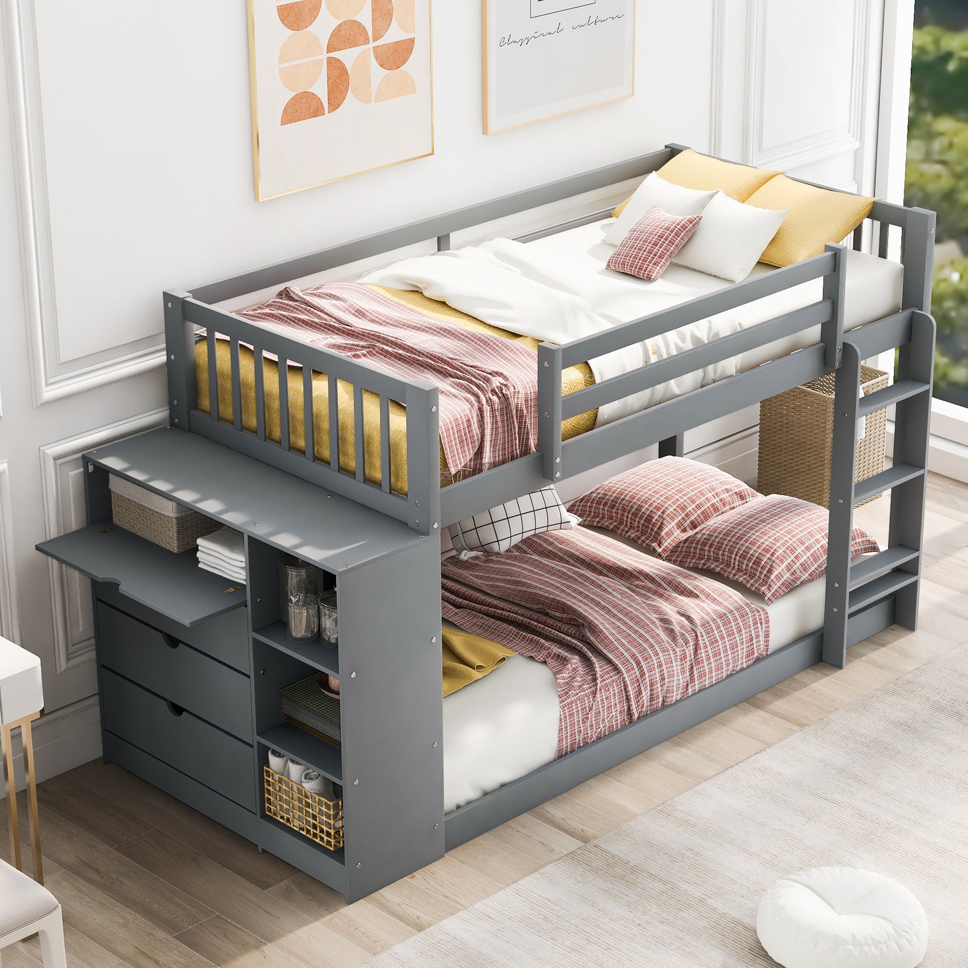 Twin over Twin Bunk Bed with Attached Cabinet and Shelves Storage ,Gray
