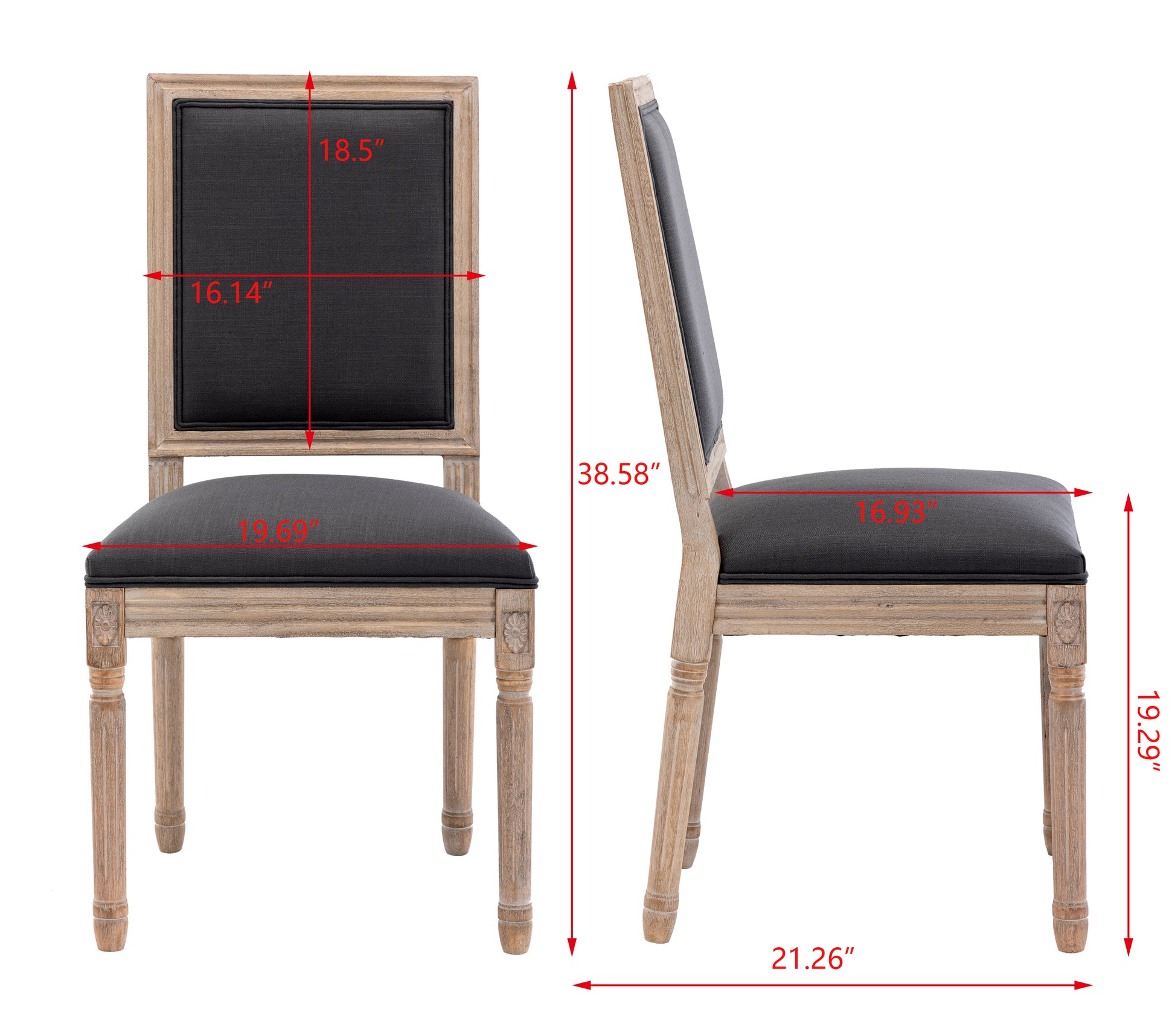French Style Solid Wood Frame Antique Linen Fabric Square Back Dining Chair Set of 2