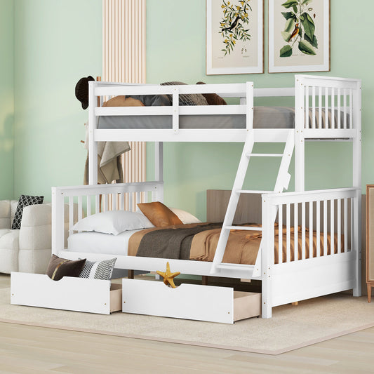 Homey Life Twin-Over-Full Bunk Bed with Ladders and Two Storage Drawers White