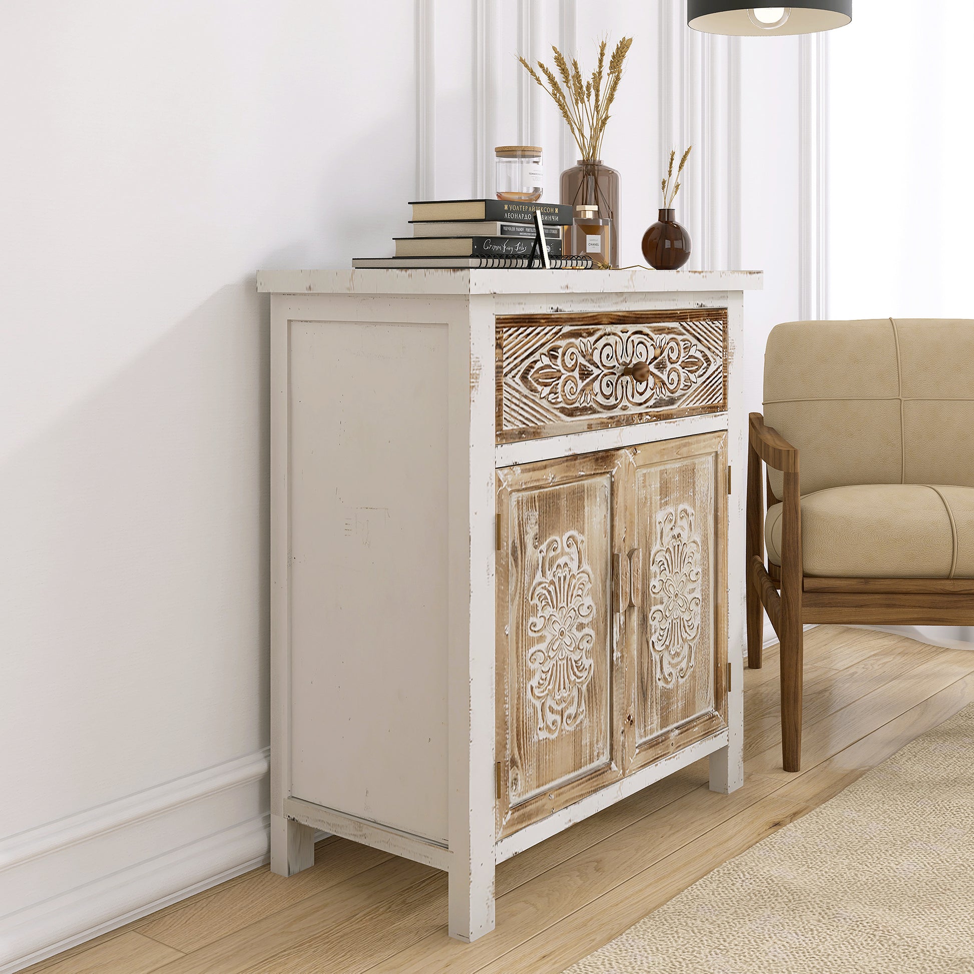 Weathered Wood Cabinet with 1 Drawer and 2 Doors Vintage Accent Storage Cabinet for Entryway, Living Room