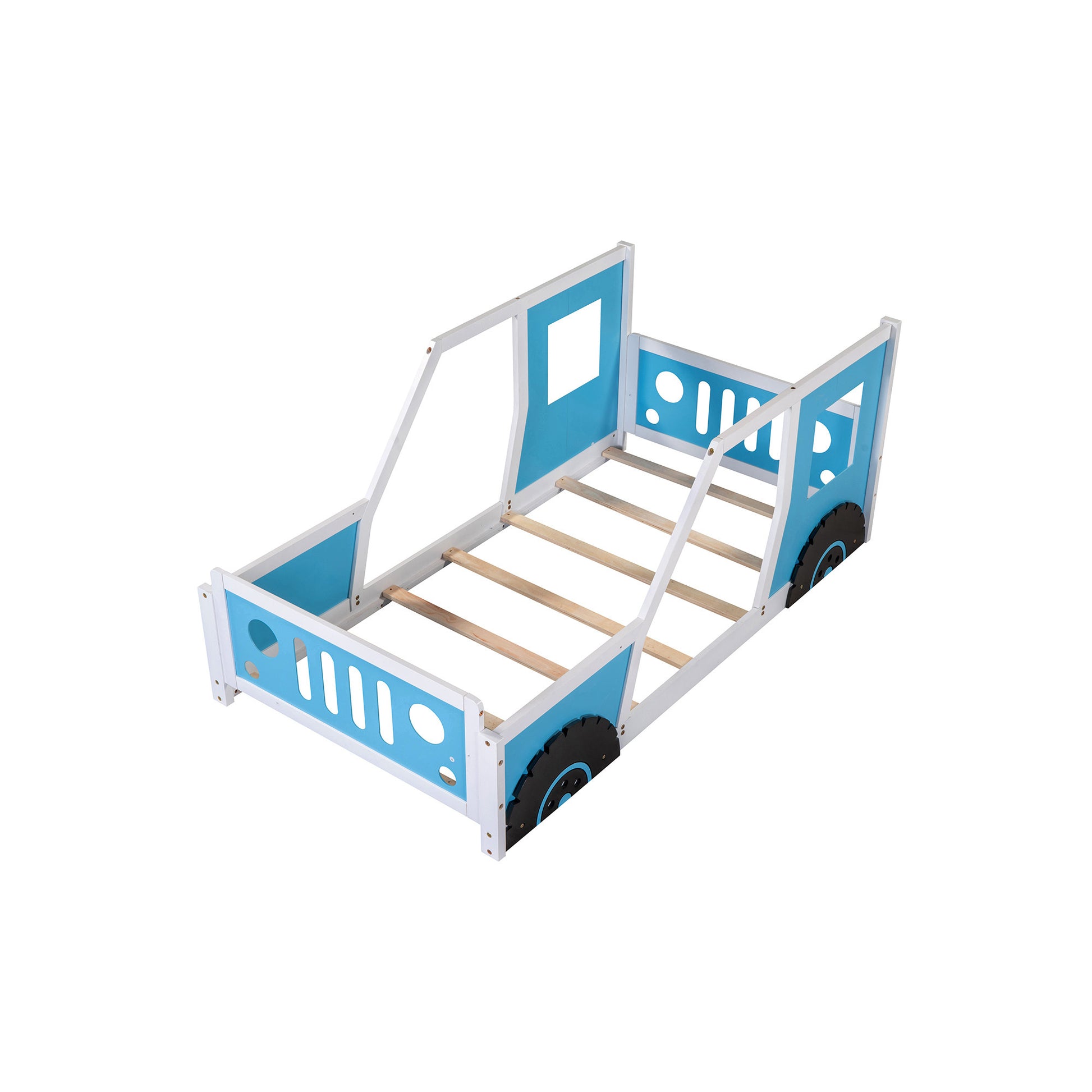 Twin Size Classic Car-Shaped Platform Bed with Wheels,Blue