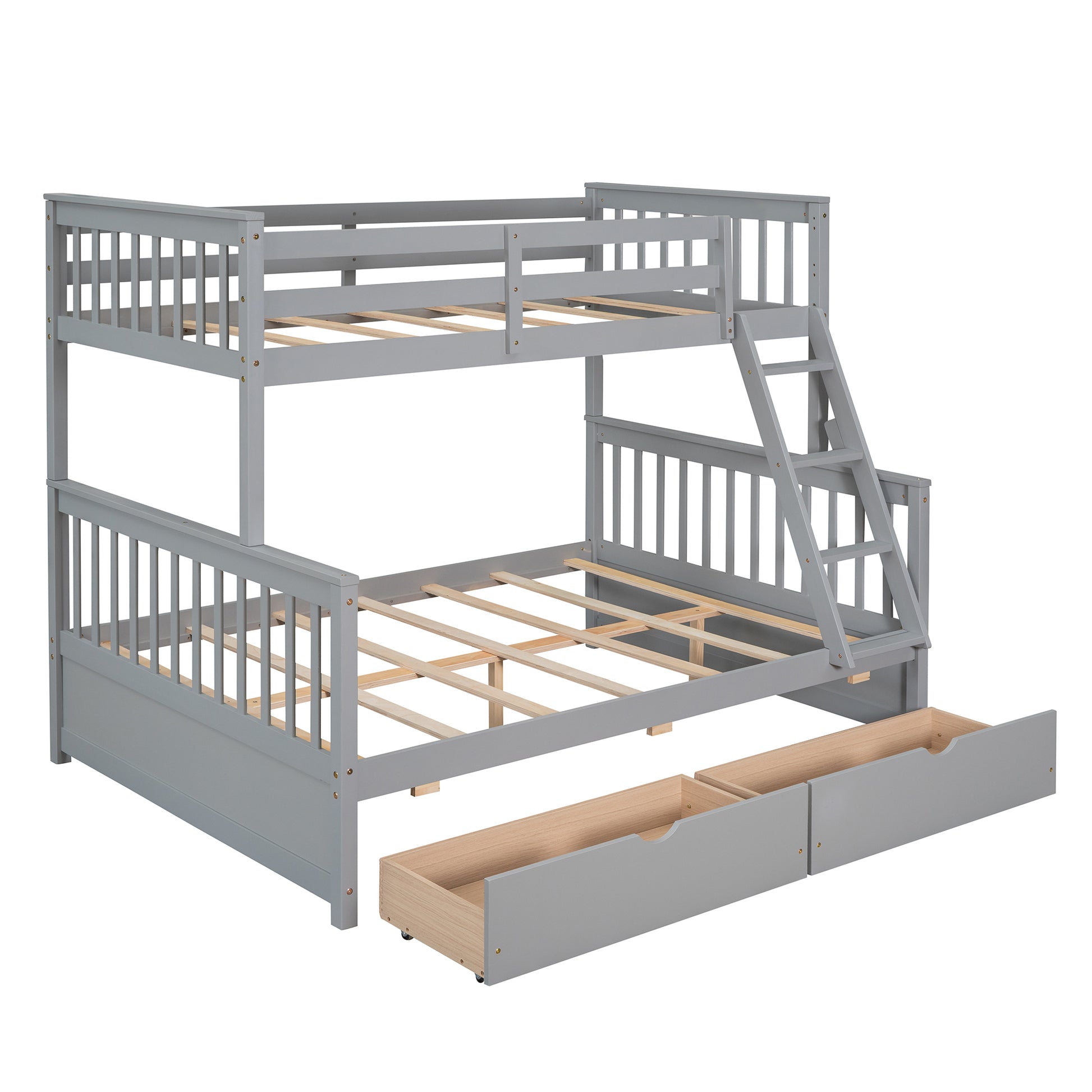 Twin-Over-Full Bunk Bed with Ladders and Two Storage Drawers Gray