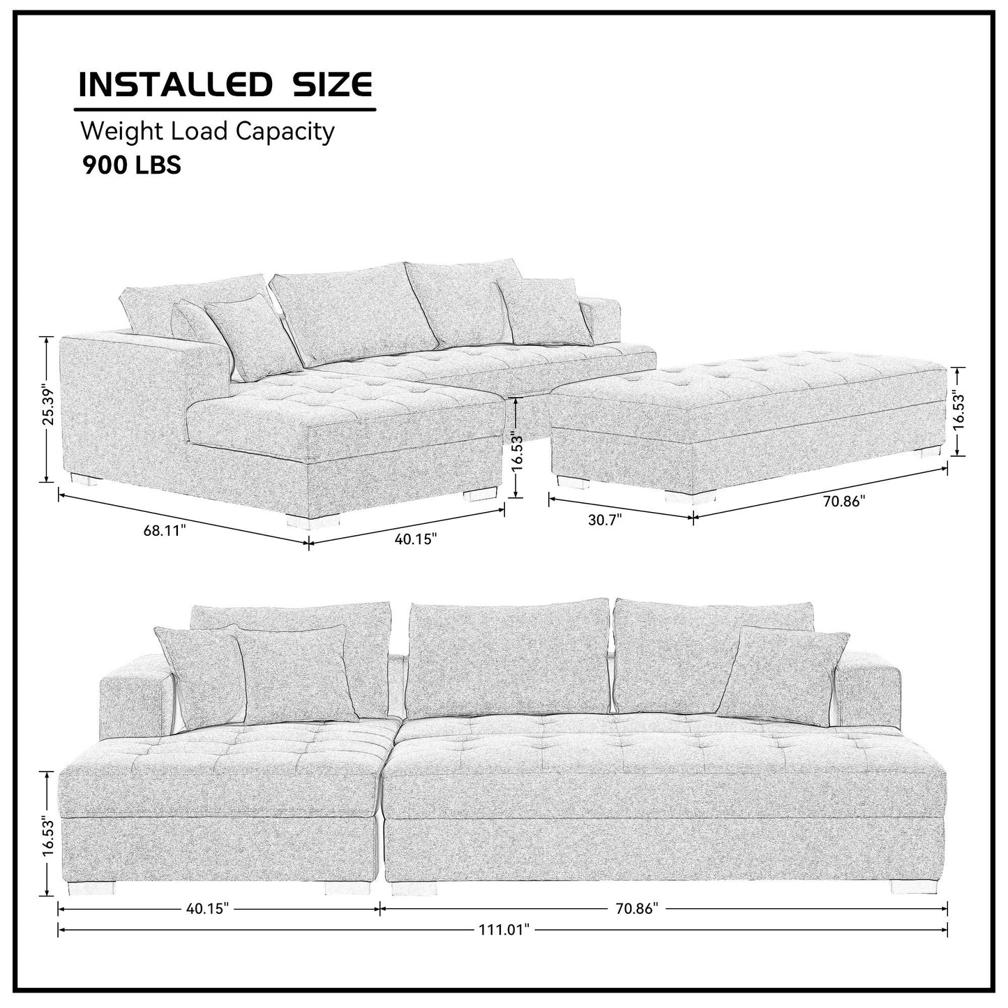 Tufted Fabric 3-Seat L-Shape Sectional Sofa Couch Set w/Chaise Lounge, Ottoman Coffee Table Bench, Light Grey